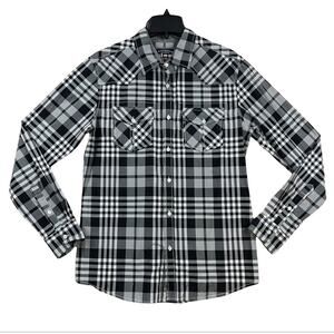 Ecko Unltd Shirt Mens Medium Gray Black Plaid Button Up Long Sleeve